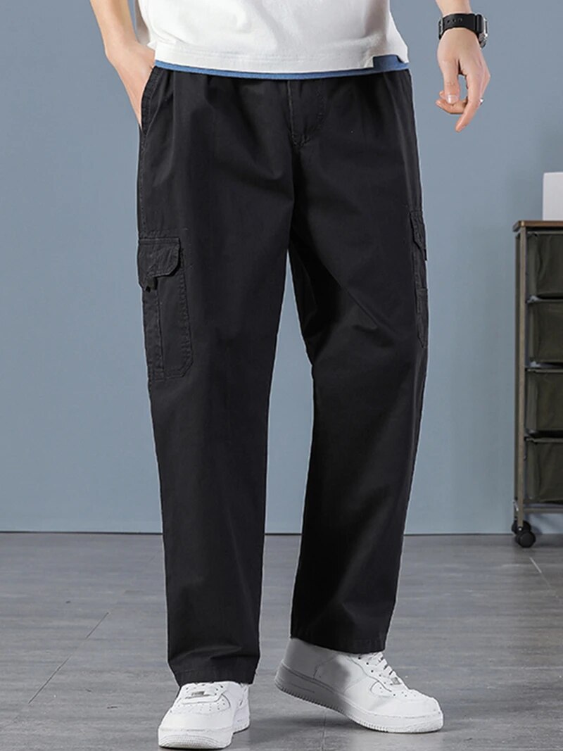 Mens Fashion Cargo Pants - Męskie 100% Bawełna Proste Czarne Spodnie